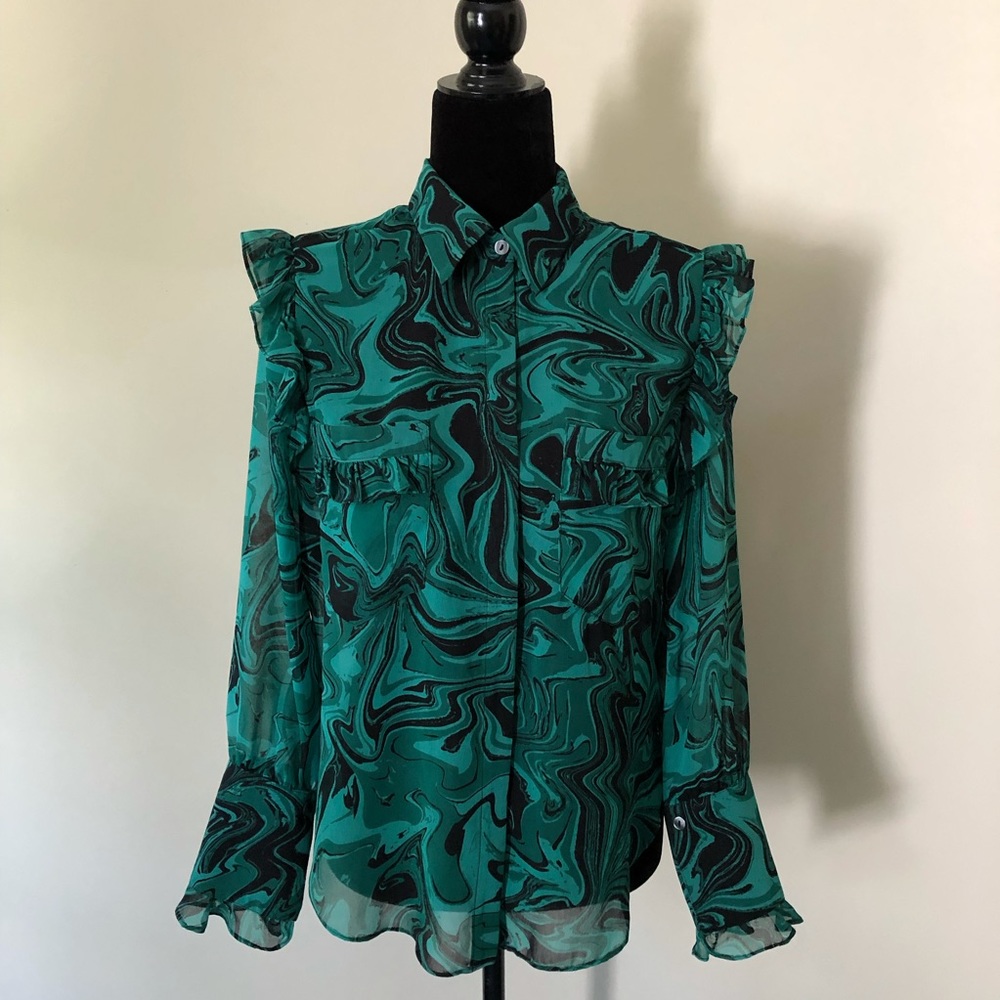 Misa LA Blouse Ruffle Sheer Green Black Anita NWT - Picture 2 of 10